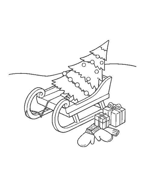 Line drawing of a small Christmas tree in a wooden sled with two presents and mittens