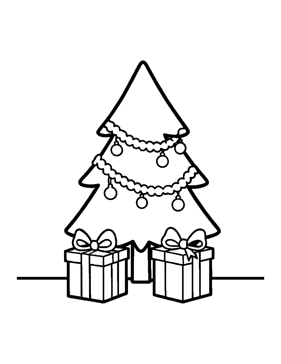 Line drawing of a small Christmas tree with two wrapped presents underneath