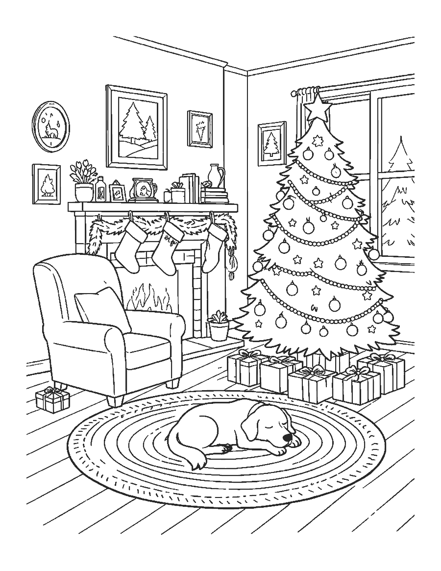 Line drawing of a living room with a Christmas tree, fireplace and sleeping dog