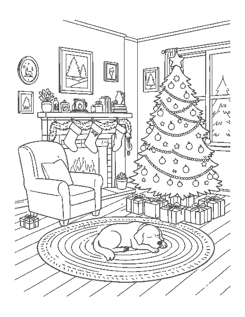 Line drawing of a living room with a Christmas tree, fireplace and sleeping dog