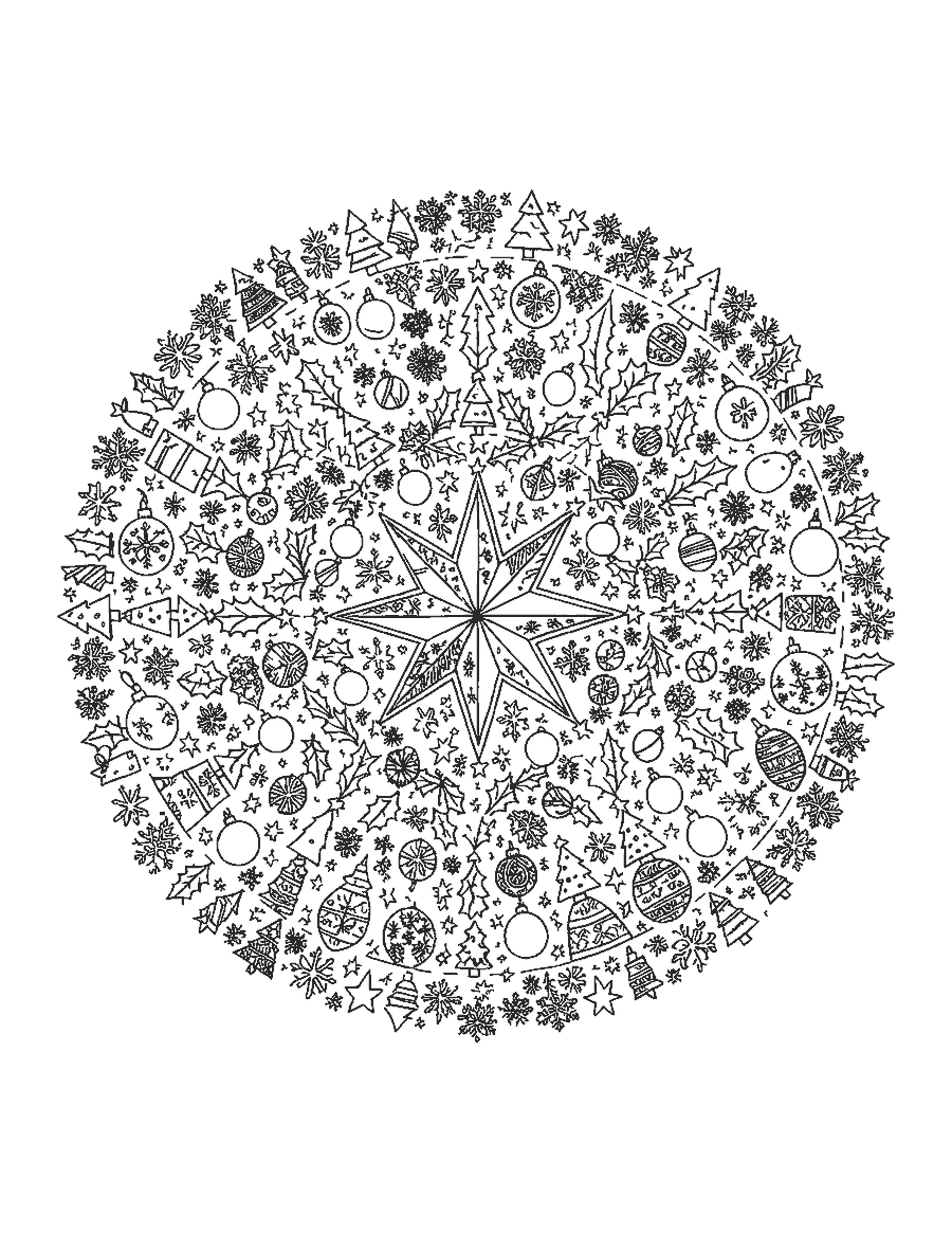 Line drawing of a round mandala made of tiny trees, stars, holly and snowflakes