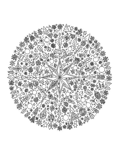 Line drawing of a round mandala made of tiny trees, stars, holly and snowflakes