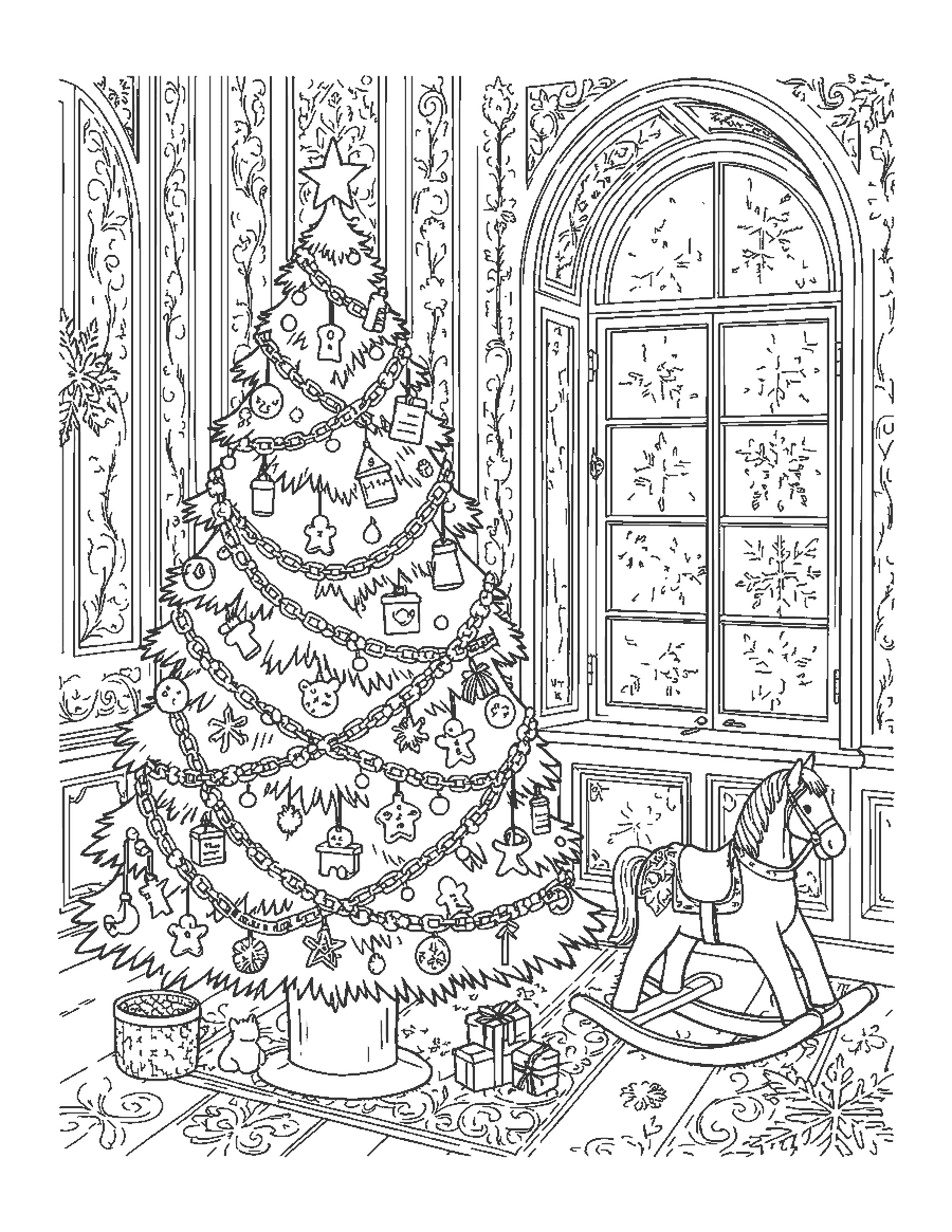 Line drawing of an old-fashioned Christmas tree with paper chains and wooden toys
