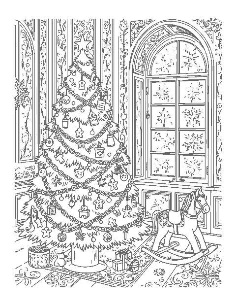 Line drawing of an old-fashioned Christmas tree with paper chains and wooden toys