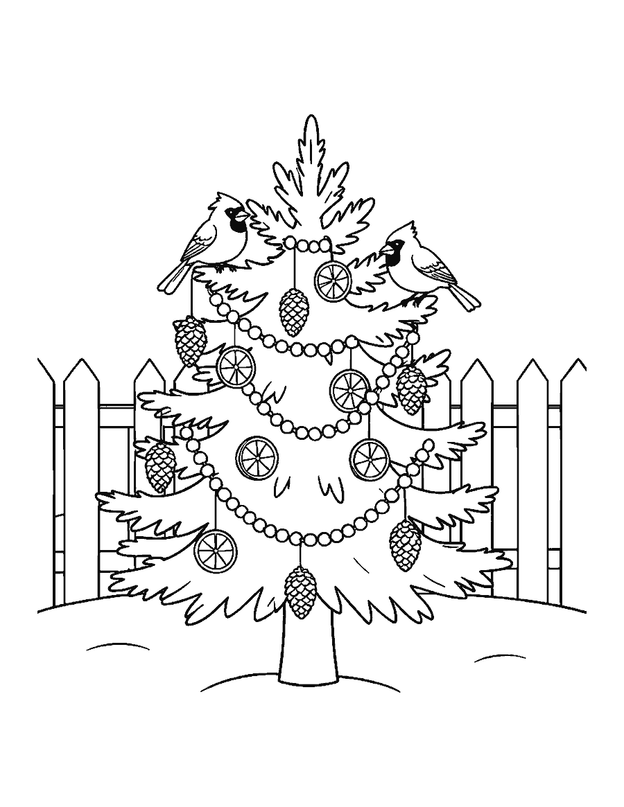 Line drawing of a snowy fir decorated with popcorn strings and pine cone feeders for two cardinals