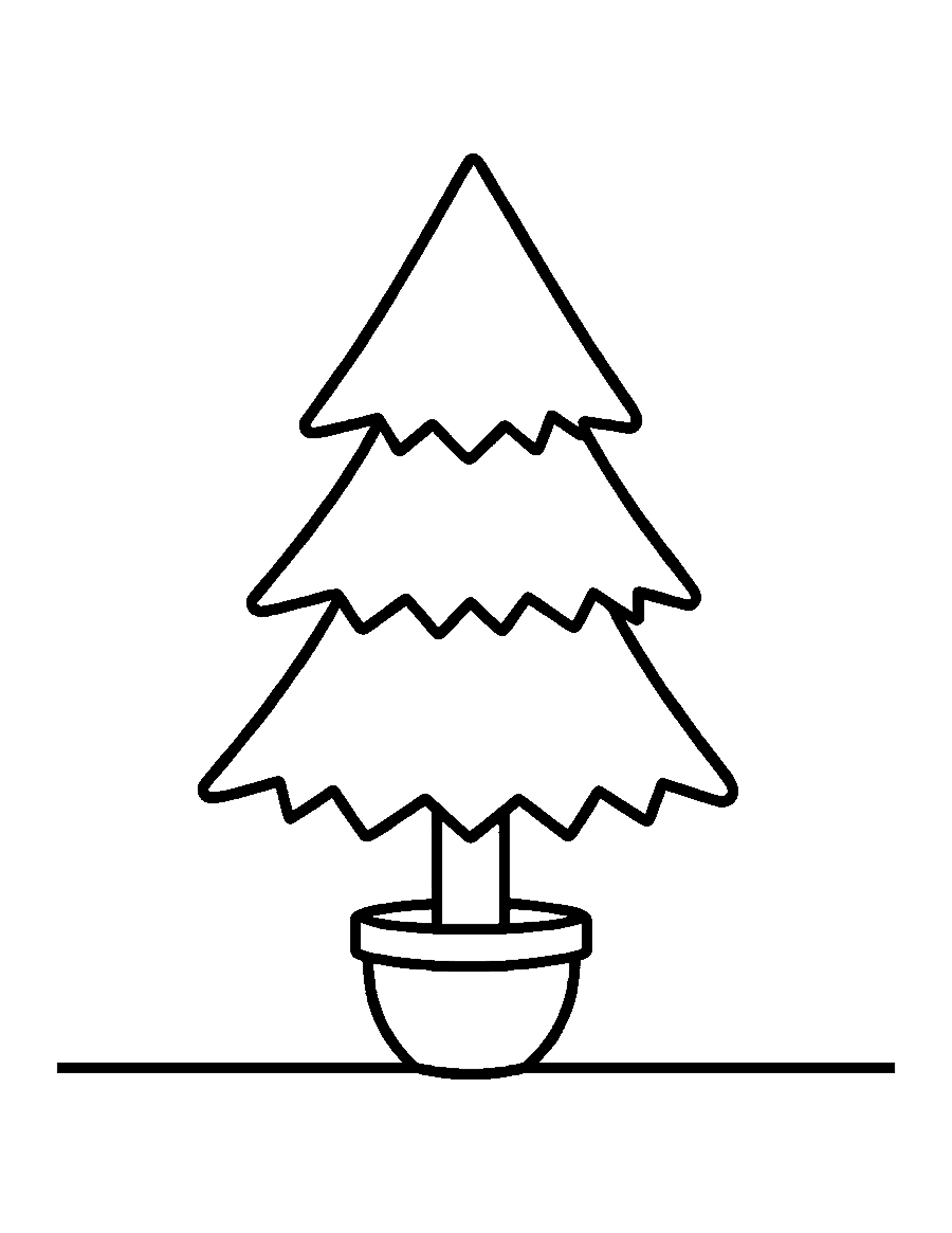 Line drawing of a plain undecorated Christmas tree with three tiers of branches in a pot