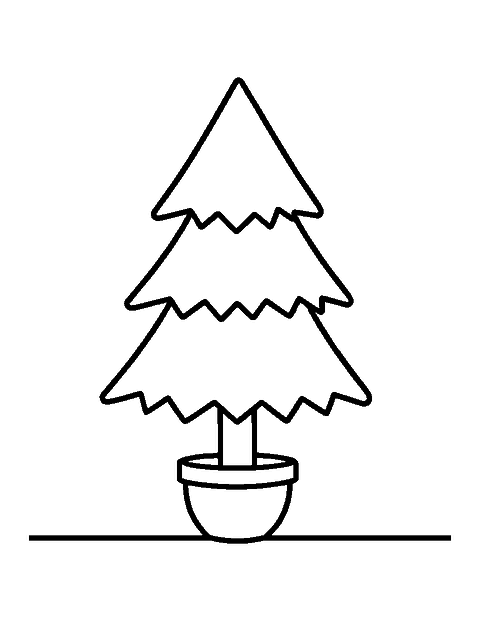 Line drawing of a plain undecorated Christmas tree with three tiers of branches in a pot