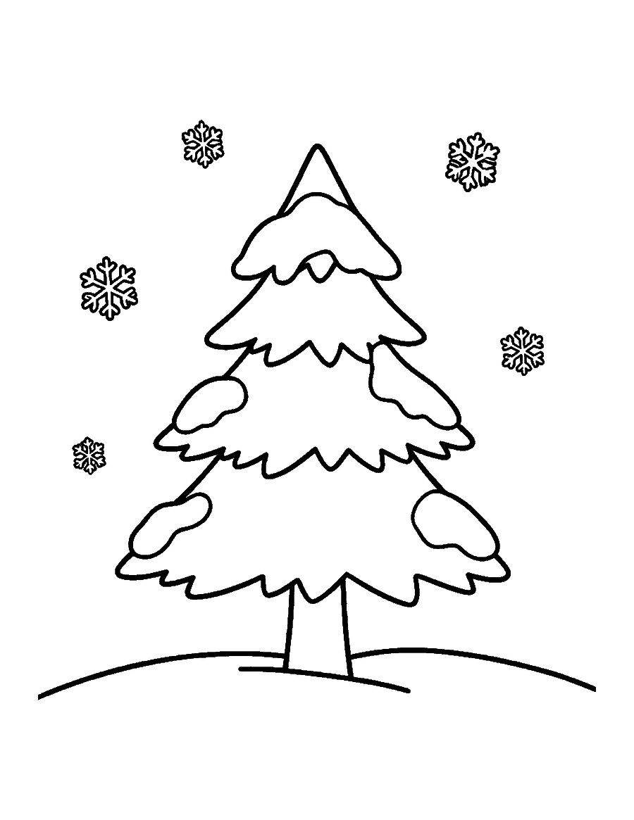 Line drawing of a snow-covered fir tree with large falling snowflakes
