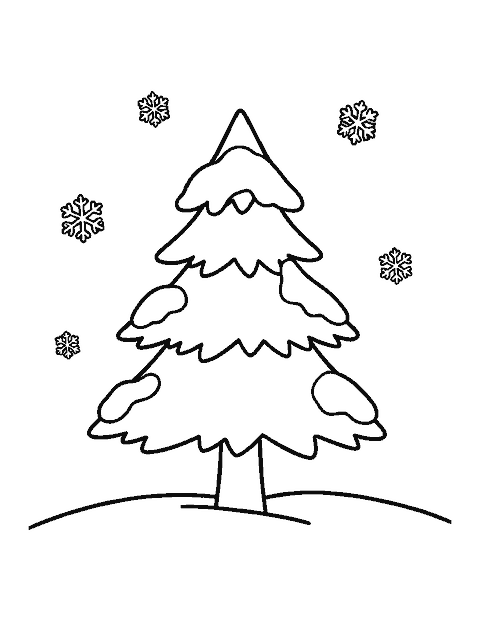 Line drawing of a snow-covered fir tree with large falling snowflakes