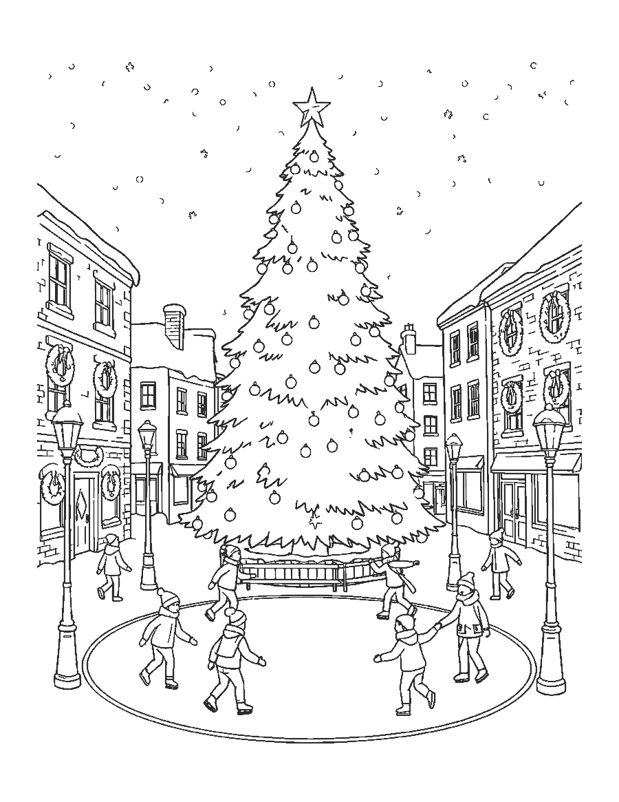 Line drawing of a giant Christmas tree in a town square with ice skaters