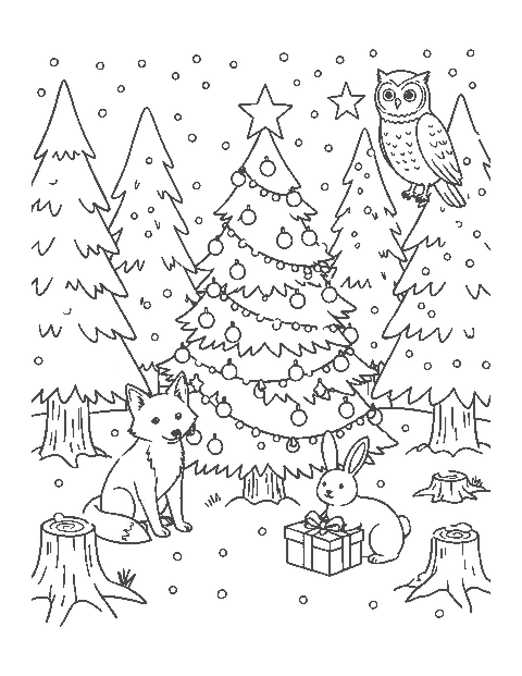 Line drawing of a fox, a rabbit and an owl around a decorated Christmas tree in a snowy forest