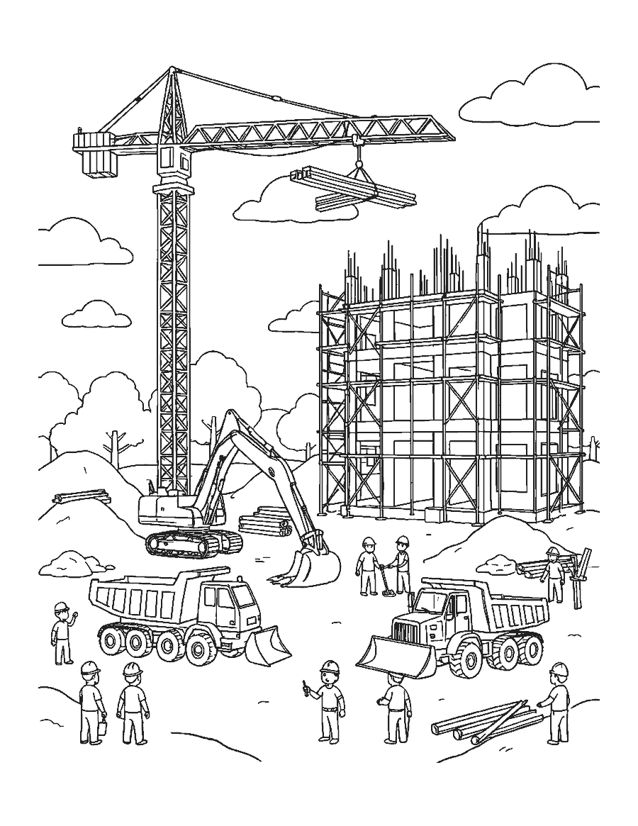 Line drawing of a building site with a tower crane, machines, scaffolding and workers