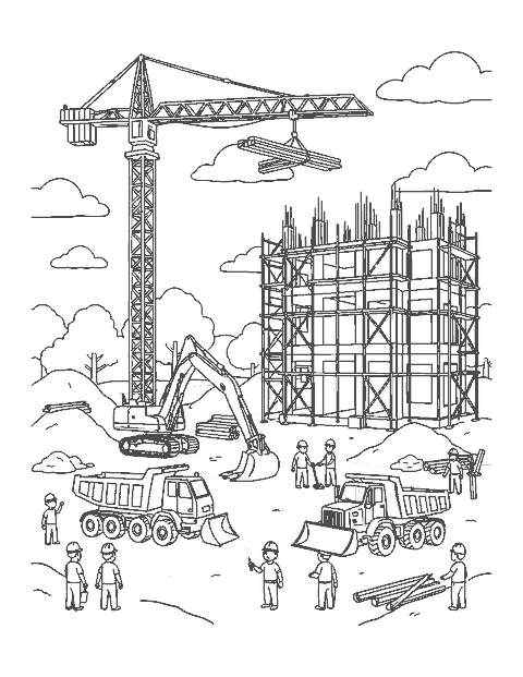 Line drawing of a building site with a tower crane, machines, scaffolding and workers