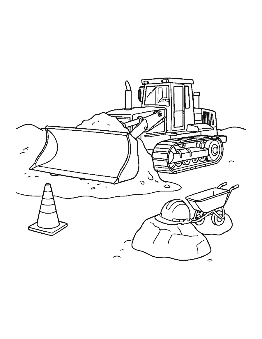 Line drawing of a bulldozer pushing dirt with its blade beside cones and a wheelbarrow