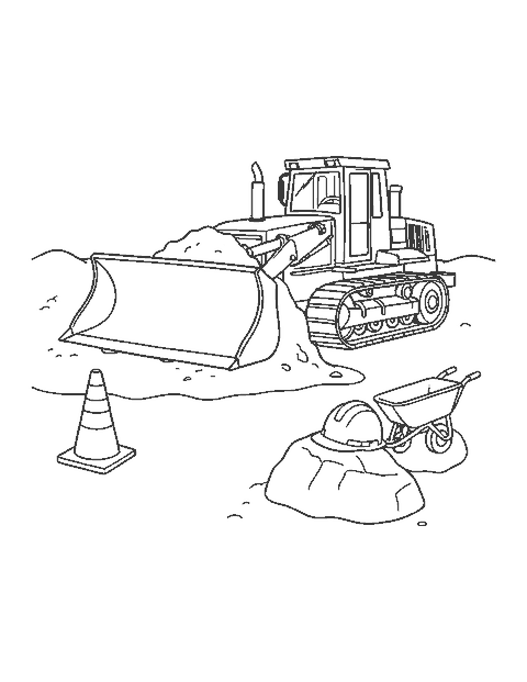 Line drawing of a bulldozer pushing dirt with its blade beside cones and a wheelbarrow