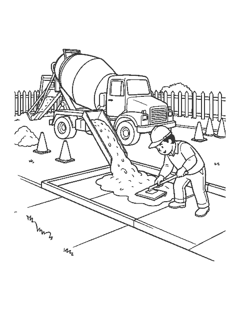 Line drawing of a cement mixer pouring concrete while a worker smooths the sidewalk