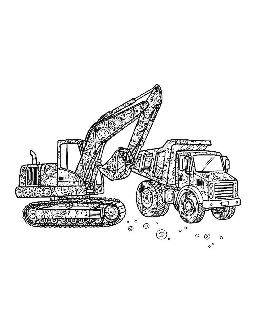 Line drawing of an excavator and a dump truck filled with doodle patterns