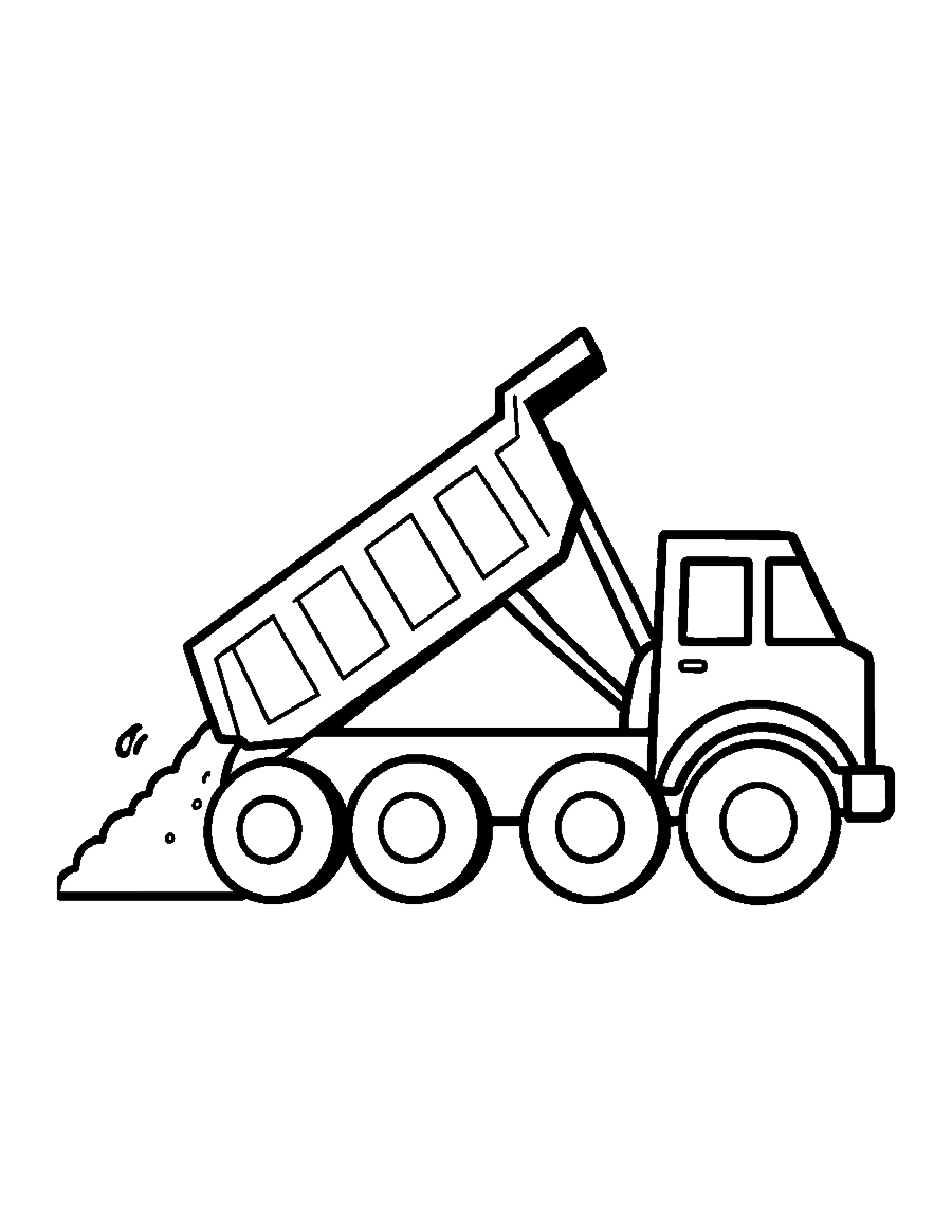 Line drawing of a dump truck with its bed tipped up and dirt sliding out