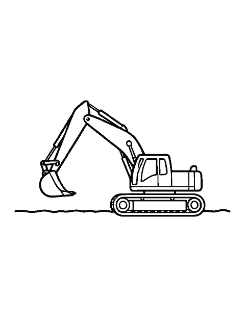 Line drawing of an excavator on tracks scooping dirt with its bucket