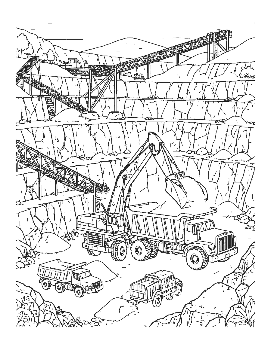 Line drawing of a giant excavator loading a haul truck in a terraced rock quarry