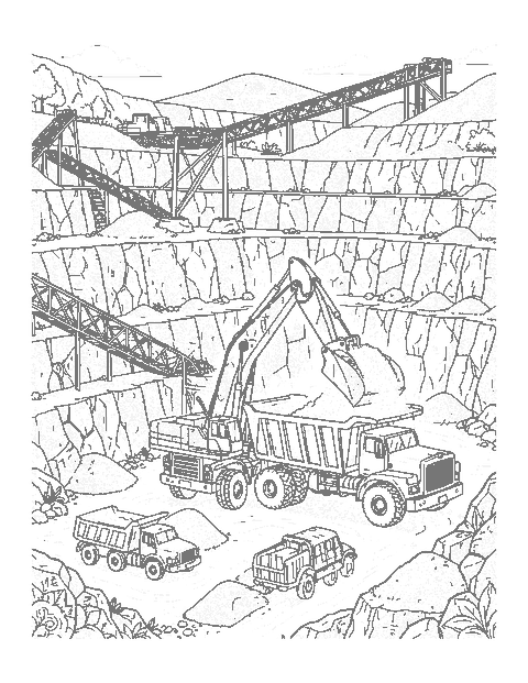 Line drawing of a giant excavator loading a haul truck in a terraced rock quarry