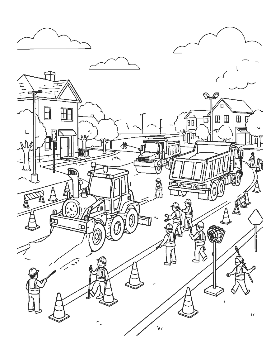 Line drawing of a road crew paving a street with a steamroller and an asphalt paver