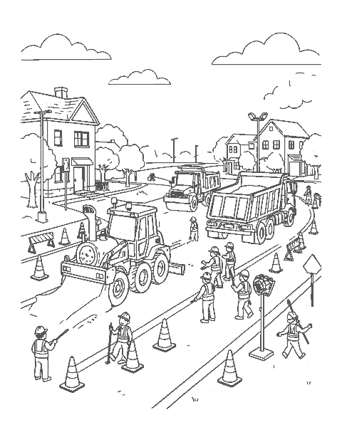 Line drawing of a road crew paving a street with a steamroller and an asphalt paver