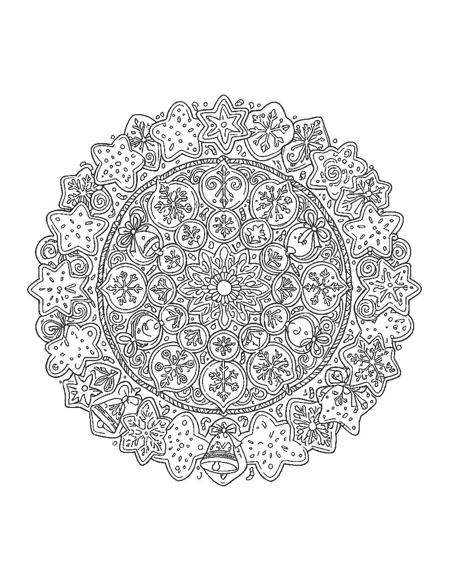 Line drawing of a round mandala of star, snowflake and bell cookies with candy canes