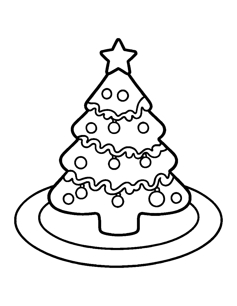 Line drawing of a Christmas tree sugar cookie with icing garlands and sprinkles