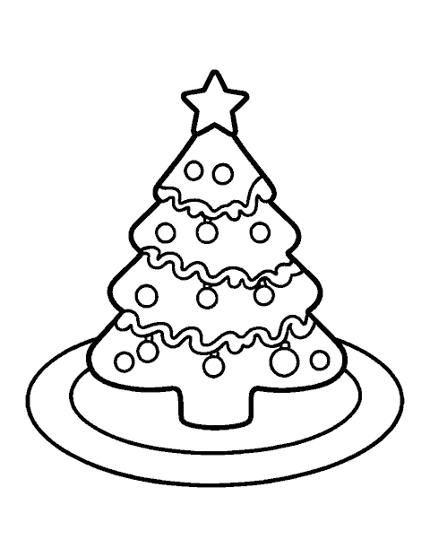 Line drawing of a Christmas tree sugar cookie with icing garlands and sprinkles