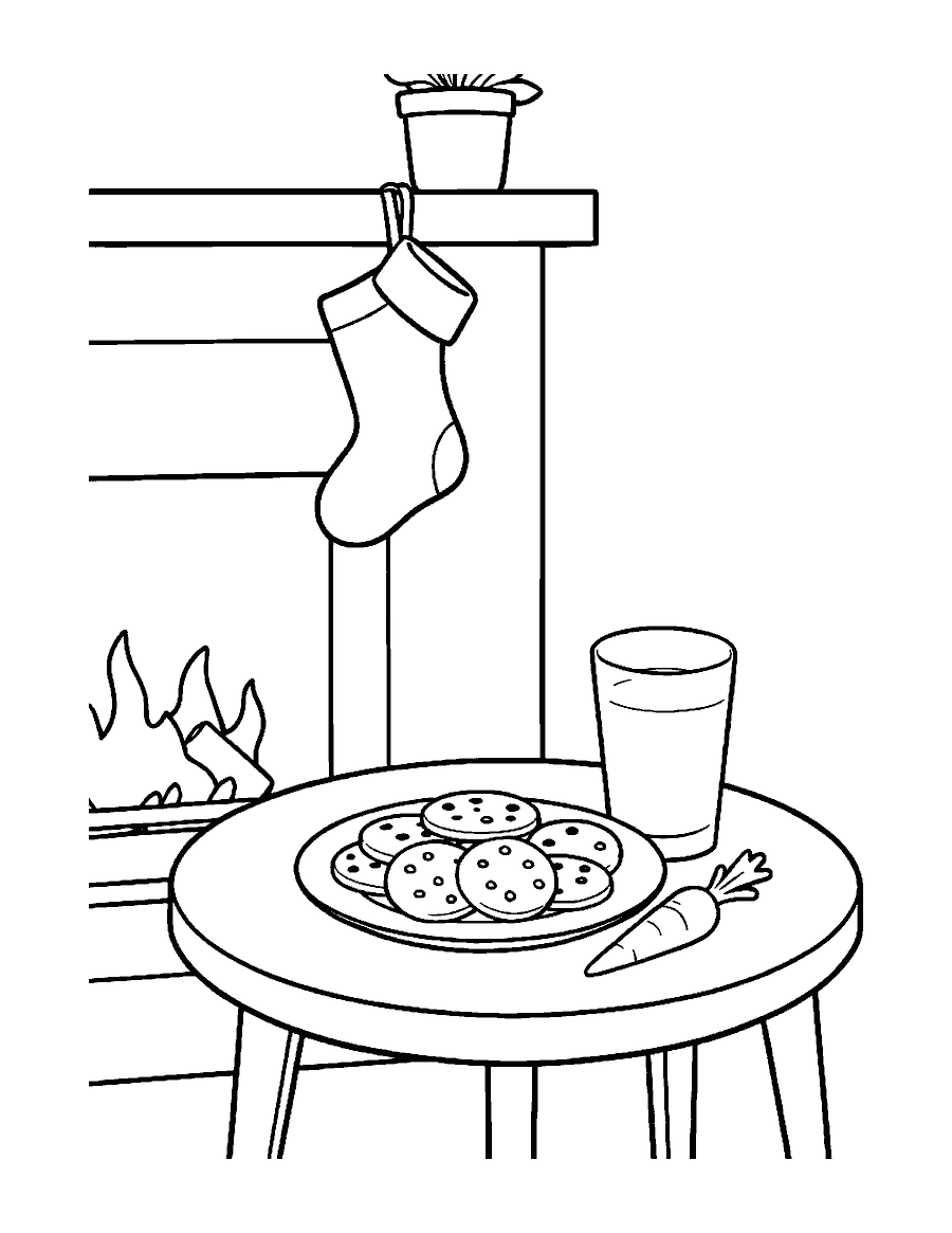 Line drawing of a plate of cookies and milk beside a fireplace with a stocking and a carrot