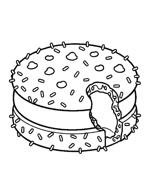 Line drawing of an ice cream sandwich of two chocolate chip cookies rolled in sprinkles