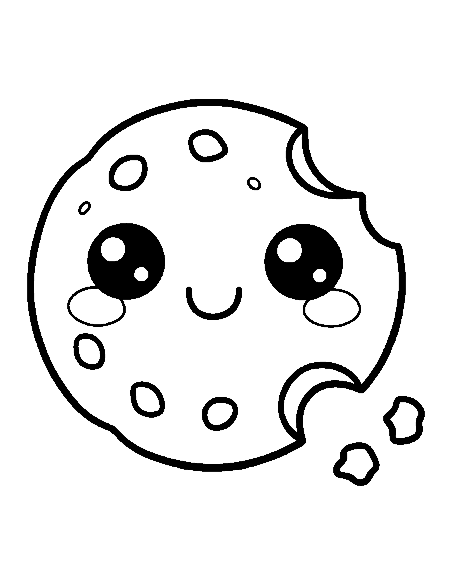 Line drawing of a cute smiling chocolate chip cookie with a bite missing