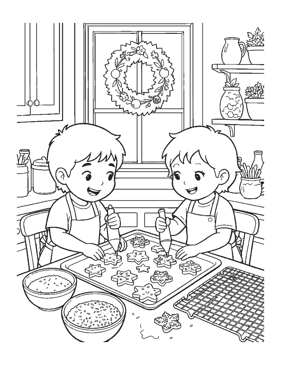 Line drawing of two children icing star, bell and snowflake cookies at a kitchen table