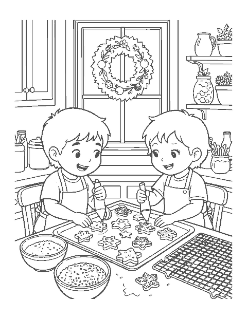 Line drawing of two children icing star, bell and snowflake cookies at a kitchen table