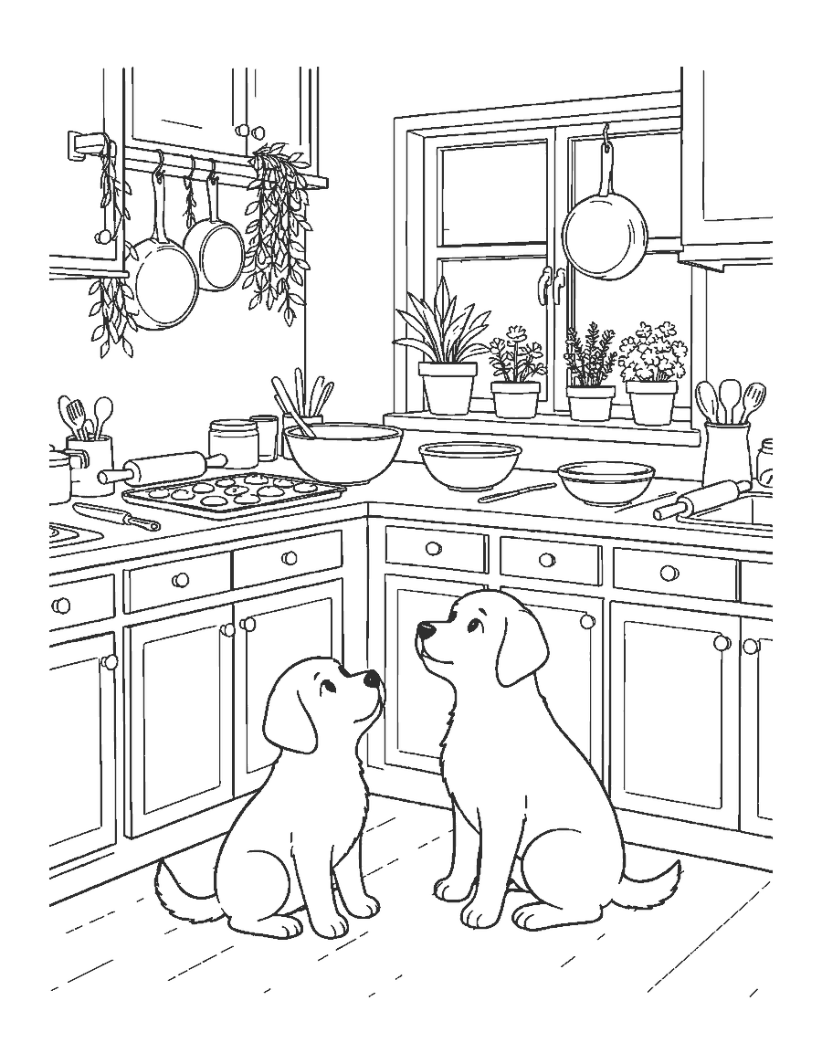 Line drawing of a puppy gazing up at a tray of cookies on a kitchen counter