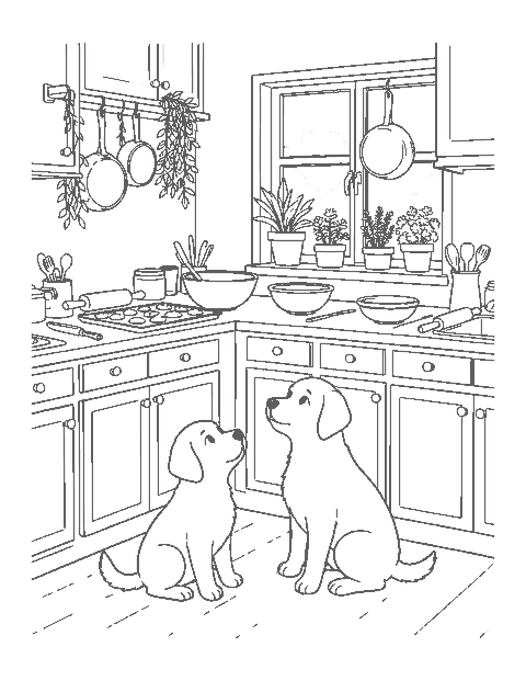 Line drawing of a puppy gazing up at a tray of cookies on a kitchen counter