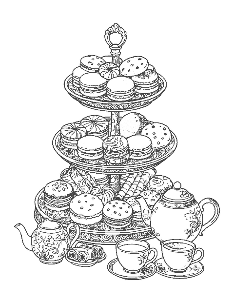 Line drawing of a three-tier stand of macarons and assorted cookies beside a teapot