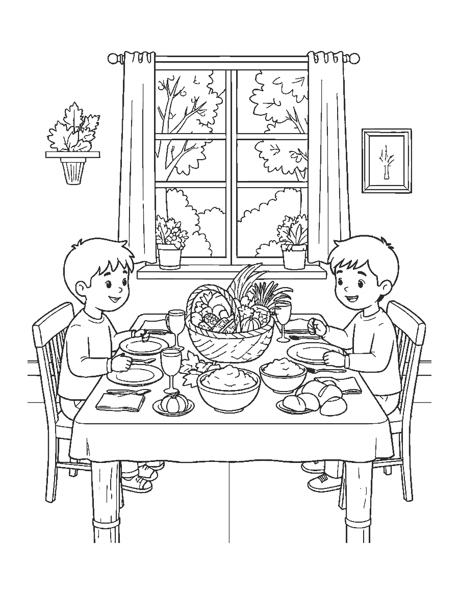 Line drawing of two children setting a Thanksgiving table around a cornucopia centerpiece