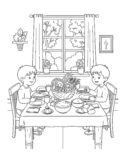 Line drawing of two children setting a Thanksgiving table around a cornucopia centerpiece