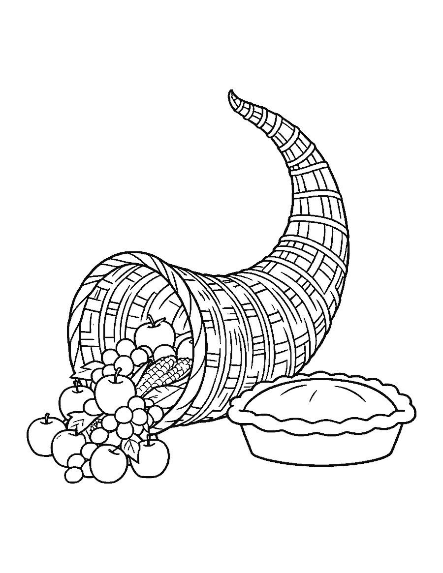 Line drawing of a cornucopia full of corn, squash and fruit beside a pumpkin pie