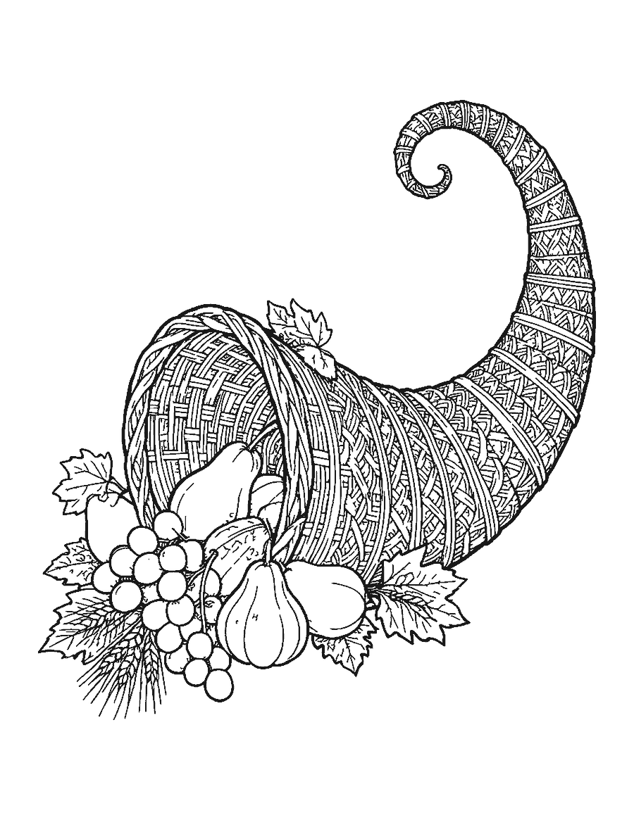 Line drawing of a detailed wicker cornucopia overflowing with grapes, pomegranates, pears and wheat