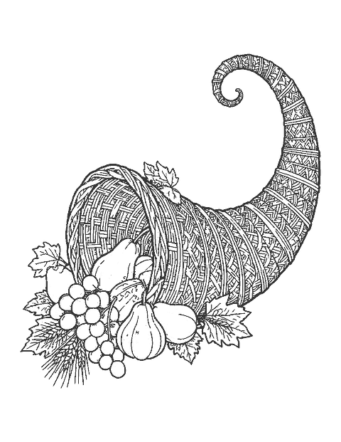 Line drawing of a detailed wicker cornucopia overflowing with grapes, pomegranates, pears and wheat