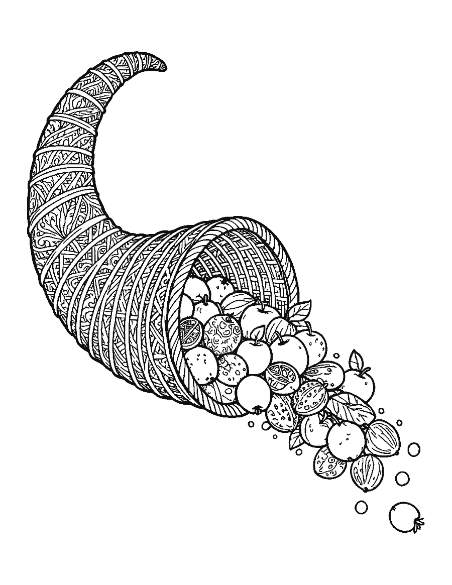 Line drawing of a cornucopia with every fruit, gourd and leaf filled with doodle patterns