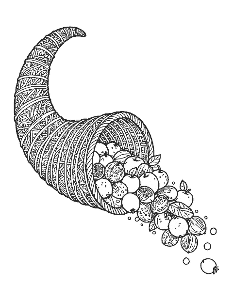 Line drawing of a cornucopia with every fruit, gourd and leaf filled with doodle patterns