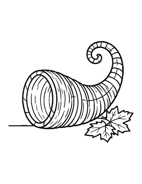 Line drawing of an empty woven cornucopia basket with two maple leaves beside it