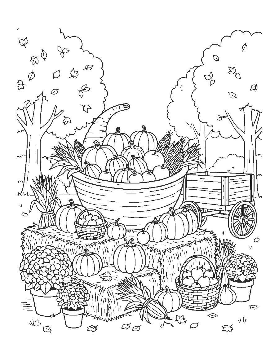 Line drawing of a giant cornucopia on hay bales spilling pumpkins, gourds, corn and apples