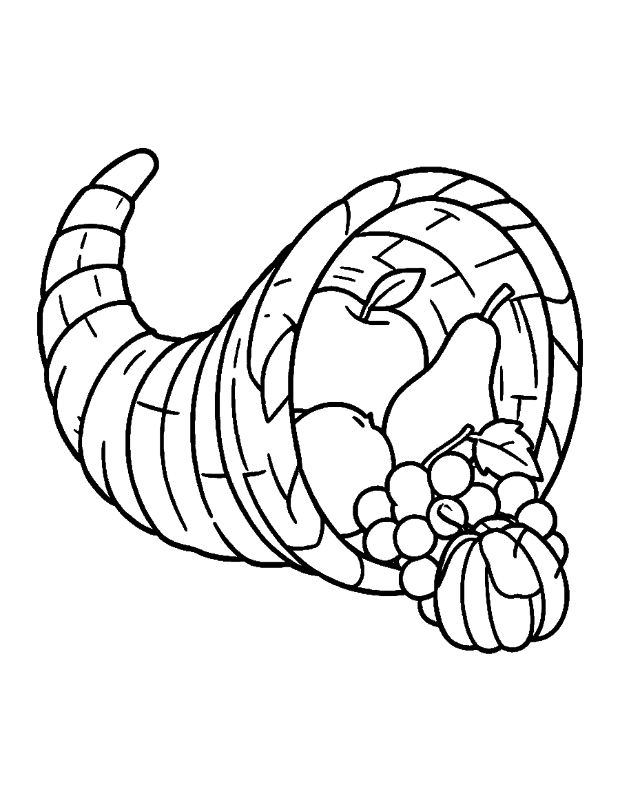 Line drawing of a woven cornucopia with an apple, grapes, a pear and a small pumpkin spilling out