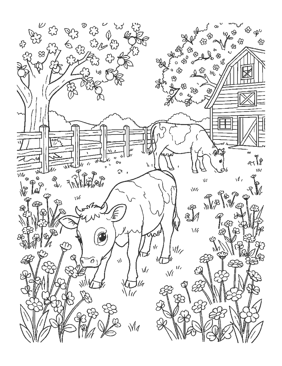 Line drawing of a calf sniffing buttercups in a spring pasture with its mother, a fence and a barn
