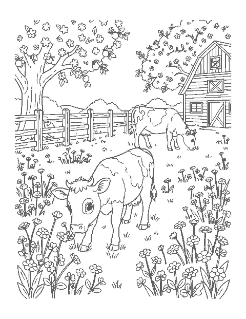 Line drawing of a calf sniffing buttercups in a spring pasture with its mother, a fence and a barn